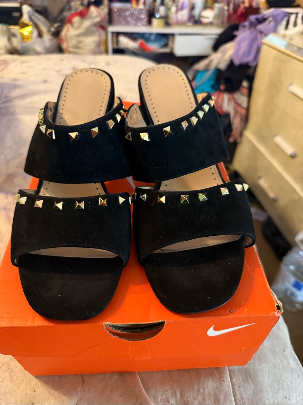 Adrienne Vittadini Black Studded Slide Mules